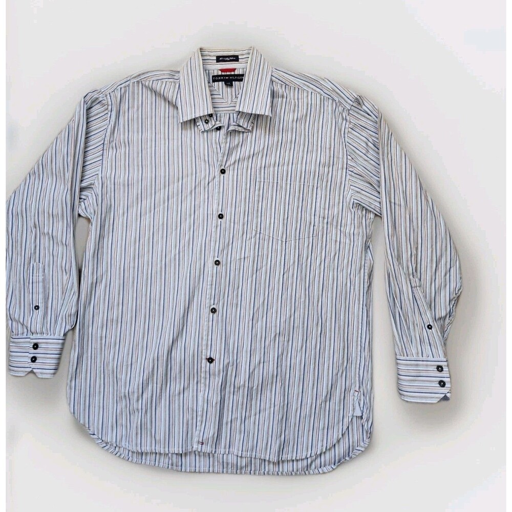 Tommy Hilfiger 80s 2 Ply Fabric Button Up Shirt Blue Brown White Stripe Sz L EUC